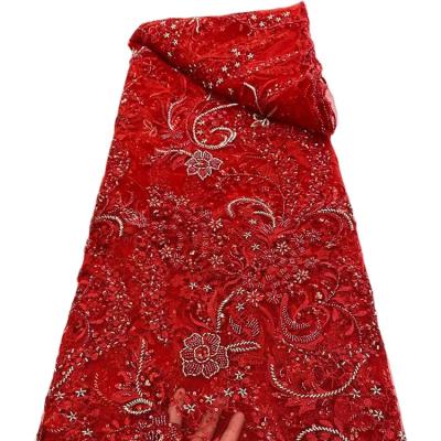 China Breathable African Beaded Lace Fabric Red Sequin Lace With Sequins And Beads African Tulle Lace With Sequins en venta