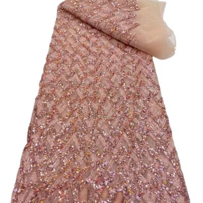 China High Quality African Elastic Lace Fabric Custom Peach Lace Fabric With Sequins French Tulle Lace For Dress for sale