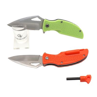 China Sharp Outdoor Plastic Folding Knife Stainless Steel Blade Handle Fruit Pocket Knife With Fire Starter for sale