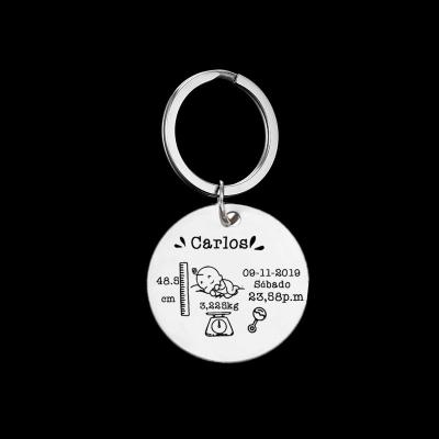 China FASHIONABLE Custom Round Personalized Baby Key Chain Birth Date Weight Newborn Size Keychain Mom Memorial Gift for sale