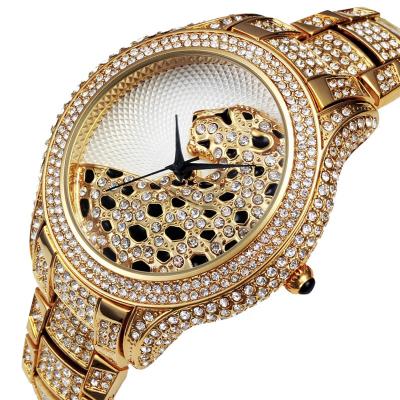 China Waterproof Black Luxury Brand Leopard Gold Male Clock Watch Charm Full Diamond 18K Gold Watch Men Wrist Hip Hop Quartz Bling Watches New for sale