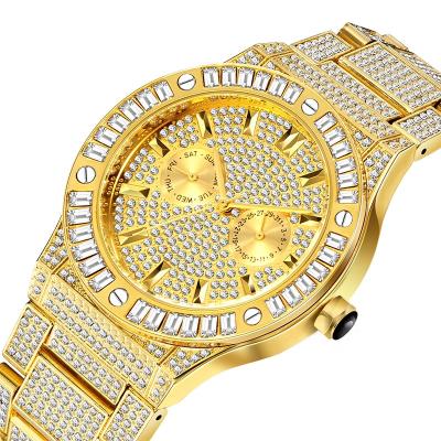 China Day/Date Men Watch Luxury Brand Gold Wristwatch Clock Calendar Iced Out Classic Quartz Watch Clock Relogio Masculine Masculino Bling Watches for sale