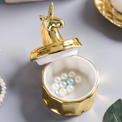 China Customized Simple Modern Golden Unicorn Ceramic Trinket Box for sale