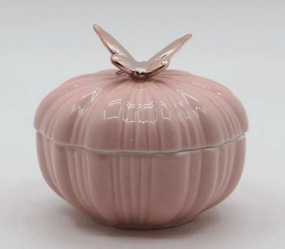 China Modern Simple Pink Ceramic Jewelry Trinket Box With Gold Butterfly for sale