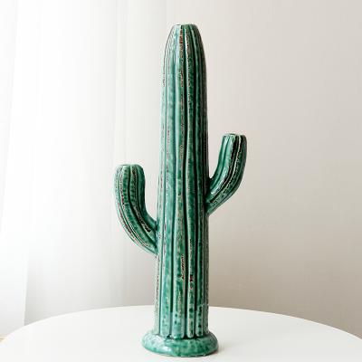 China Tall Cactus Shape Flower Vase Cactus Colored Artificial Plant Ceramic Ornament for sale