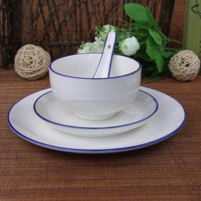 China Sustainable Restaurant Dinnerware Set Blue Edged Bowl Dish Ceramic Saucer With Spoon for sale