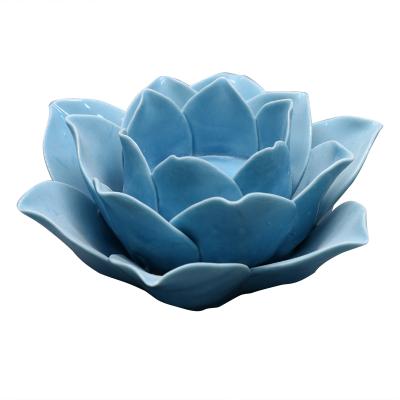 China Modern Simple Blue Decoration Lotus Flower Ceramic Candle Holder for sale