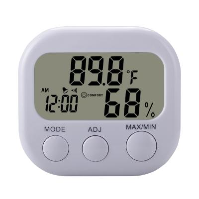 China Mini Household Thermometer Digital Thermometer White Plastic Smart Indoor Smart Hygrometer with Time Date Alarm Table and Desk Clocks for sale