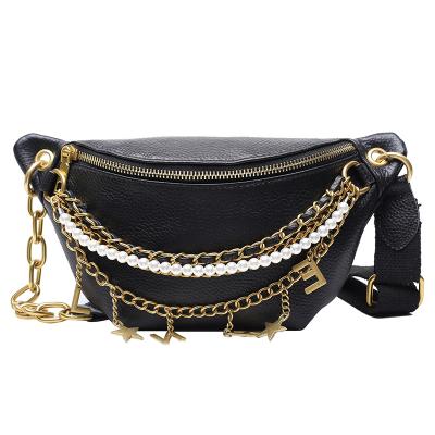 China Fashion PU 2111 Fashion Pearl Waist Bag Leather Women Custom Chest Belt Bag Fanny Pack With Star Chain for sale