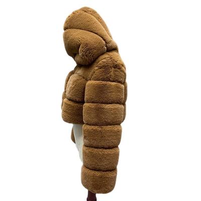 China Luxury Breathable Cropped Plain Dyed Camel Faux Fox Fur Coat Cropped Faux Fur Hooded Coat for sale