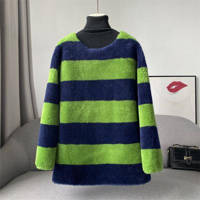 China Hot Selling Breathable Plaid Lamb Fur Crewneck Shearling Fur Cute Loose Wool Sweater Plush Sweater for sale