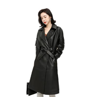 China Wholesale Pure Black Real Leather Jacket Women's Sheepskin Windproof Trench Coat Long Anti-Wrinkle Anti-Wrinkle Trench Coat With Belt for sale