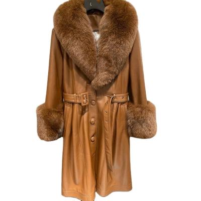 China Wholesale Anti Wrinkle Women Genuine Fox Fur Cuff Belt Ladies Long Love Regular Real Lambskin Leather Coat With Fur Collar for sale