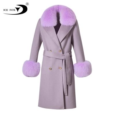 China Wholesale Apple Green Breathable Double Faced Real Fox Fur Collar Long Natural Color Real Fox Fur Women Luxurious Wool Coat for sale