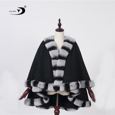 China Trims New Arrival Breathable High Quality Women Wool Cashmere Poncho Shawl Capes With Fox Fur Trimming Breathable for sale