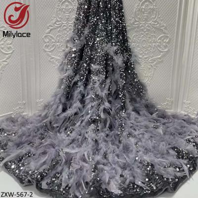 China Bridal Lace Wedding Sustainable Feather Lace Fabric Romantic 3d Embroidery High End With Sequins for sale