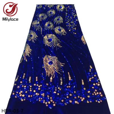 China Sustainable Royal Blue Nigerian Embroidery Velvet Fabric 2020 Fashion Sequins Feather Velvet Fabric for sale