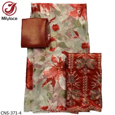 China Real Organic Silk With 2 Yards Georges Lace Fabric Flower Pattern Print Muslim Silk Fabric for sale