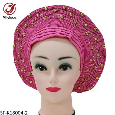 China Soft Fashion Accessories Pleated Ready To Wear Headtie Gele Nigerian African Headwrap Hats With Gold Beads Stones for sale