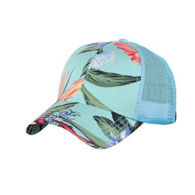 China Wholesale 2021 COMMON Beautiful Sublimation Printing Flower 6 Panel Mesh Hat Sky Blue Mesh Hat for sale