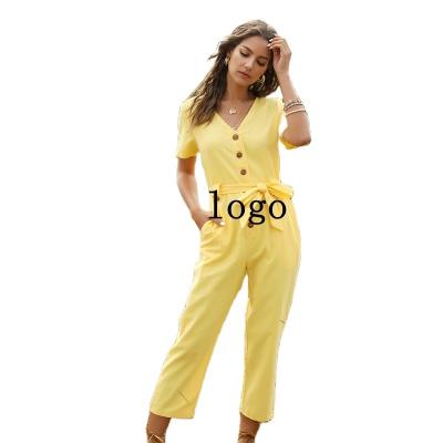 China 2021 Women White Yellow Overalls Short Sleeve V Neck Belt Buttons Jumpsuits And Rompers Other for sale