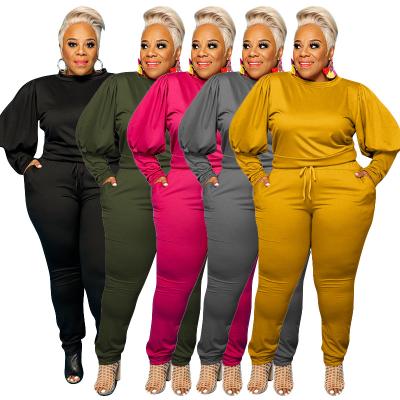 China 2 Piece Sets Solid Color Anti-Wrinkle O-Neck Elegant Casual Women's Plus Size Plus Size Women Clothing Puff Sleeves Pants Two Piece Set for sale