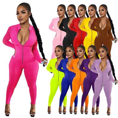 China Breathable Woman Clothes 2020 Trending Plus Size Spandex Clothes Solid Color One Piece Overalls With Zipper for sale