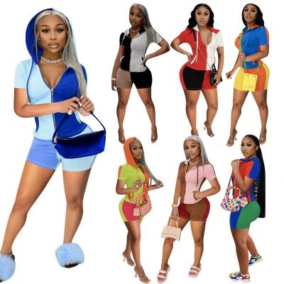 China 2021 Fashion Women Patchwork Breathable Set Teams Hooded Tops And Shorts Sport Acitve Short Sleeve Set Two Piece Sweatsuit for sale