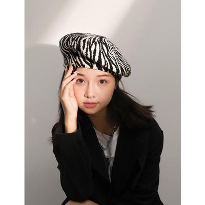 China Hip Hop Fashion Vintage Solid Chiffon Zebra Print Artist Knitted Beret Hat For Women Painter for sale