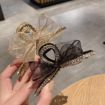 China High quality ! Gauze Women Ladies Large Hair Bow Medium Hair Accessories Plastic Resin Fashion Large Rhinestone Thick Hair Claw for sale