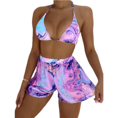 China FS 2021 Anti-UV pink print strap triangle bikini sets women ladies swimwear swimwear 3 piece swimsuit halter string tie with shorts for sale