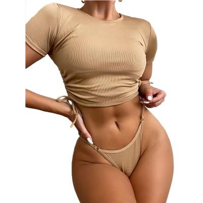 China FS 2021 Breathable Khaki Drawstring Sleeve Thong Short Bikini Set Swimwear Women Swimwear Amazon Two Piece Swimsuits Wholesale for sale