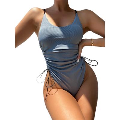 China FS 2021 New Gray Drawstring Pleated Bikini Women Antibacterial Ladies Swimwear Backless Swimwear One Pieces Wholesale for sale