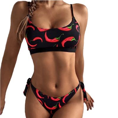 China FS 2021 Antibacterial Pepper Print Bustier Triangle Bikini Set Side String Tie Two Piece Swimwear Women Ladies Swimwear Swimwear for sale