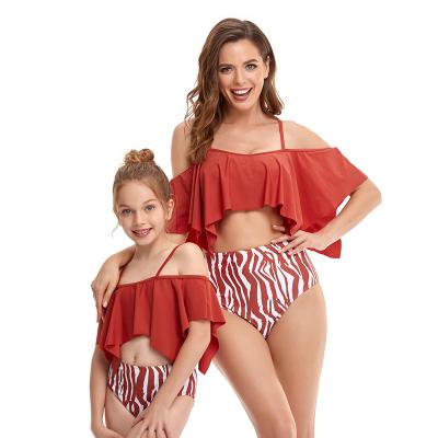 China FS Anti-UV Print Big Ruffles Off The Shoulder Mom Girl Kids Swimwear Parent-child One-piece Family Than Swimwear Bathing Suit High Waist for sale