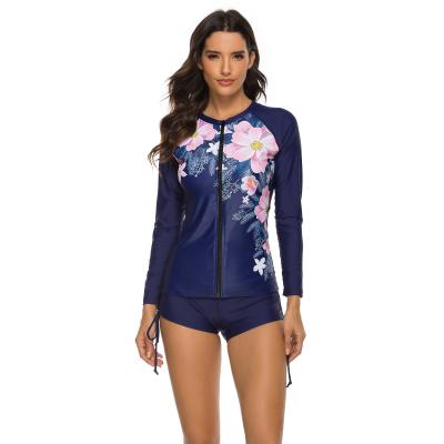 China 2020 Fashion Floral Print Zipper Swimsuit Women Swimsuit Breathable Two Piece Swimwear Swim Shorts Beach Wear Long Sleeve Surfing Suit for sale