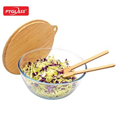 China Large disposable glass salad bowl - mixing and serving dish - clear glass fruit and trifle bowl with bamboo lid for sale