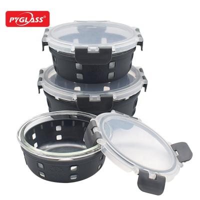 China Sustainable Top Glass Food Containers Set Safe Food Containers With Silicon Rubber Crate for sale