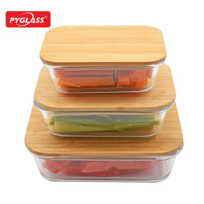 China Rect viable. high borosilicate meal prep glass food container for food glass with wooden lid for sale