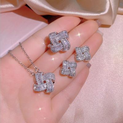 China CLASSIC Fashion Three Piece Jewelry Set Copper White Zircon Necklace Earring Ring Luxury Sliver Plated For Women Wedding for sale