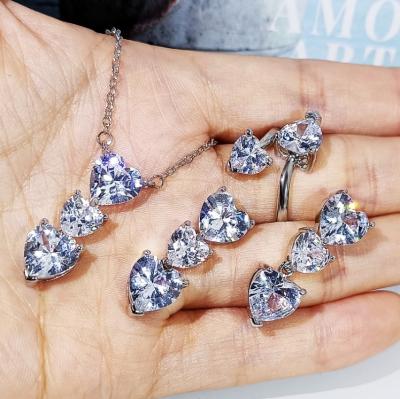 China Romantic Three Hearts Necklace Earring Pendant Ring Set Link Copper Transparent Zircon Chain Girls Gift Romantic Jewelry for sale