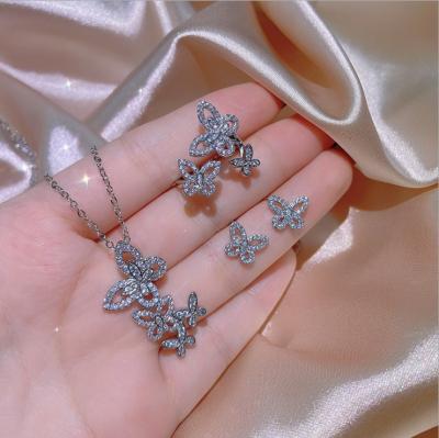 China 2021 Cute New Fashion Copper Zircon 3 Pieces Women Jewelry Set With Silver Cute Butterfly Necklace Earring for sale