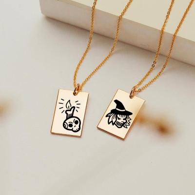 China Eco-Friendly Diy Cute Square Rectangle Skull Face Ghosts Halloween Laser Shape Statement Piece Pendant Necklaces Silver for sale