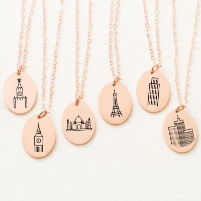 China Guangzhou Factory Minimalist 14k Gold Oval Environmental Friendly Pendant Engraved Architecture Famous Custom Necklace Stainless Steel for sale