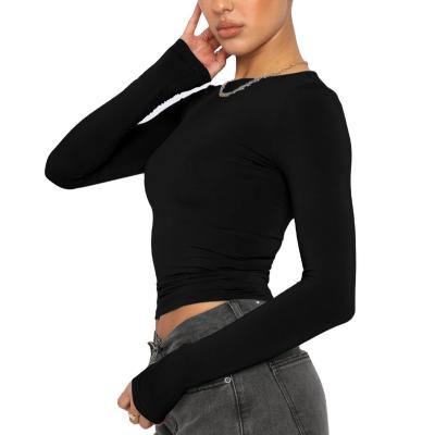 China OEM Casual Basic Pullover Hot Selling Nylon Anti-pilling T-shirts Sheaths Crew Neck Solid Color Autumn Women Long Sleeve Tops for sale