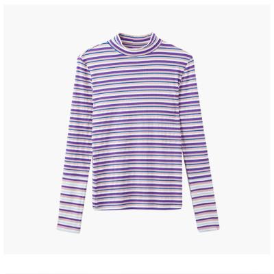 China Solid color women's striped long sleeves basic anti-pilling crew neck under heavyweight women's tee shirt cotton women striping design top. for sale