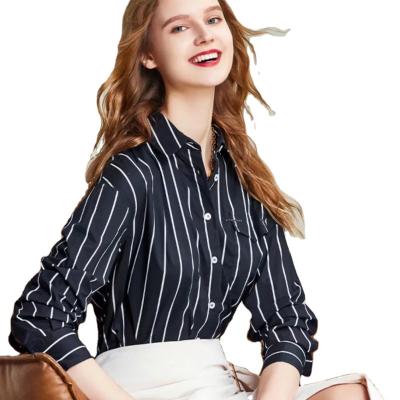 China Factory Custom Anti-pilling Fashion Women Stripe Lady Casual Blouse Shirts Cotton Tops for sale