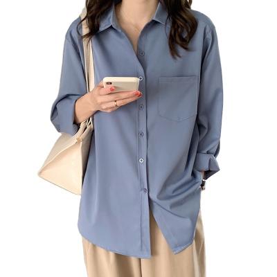 China 2023 autumn new vintage spring spring women's anti-pilling shirt silk blue silk and pocket design simple sense temperament long sleeve shirt for sale