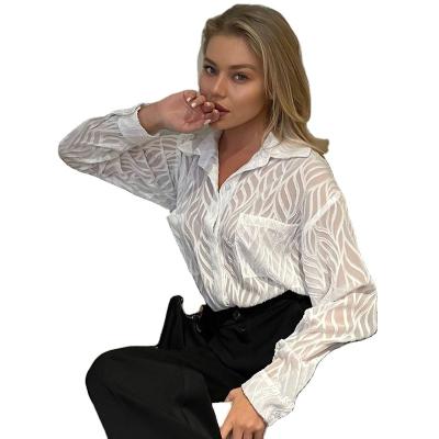 China Anti-pilling Women's Knitting Fashion Blouses Long Sleeve Shirts 2023 French Style White See Through Chiffon Texture Blouse Women for sale