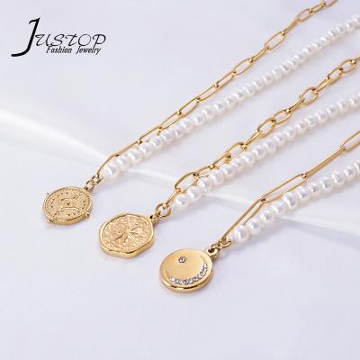 China Unleaded ; Nickel Free Nature Custom Wholesale Freshwater Pearl Link Chain Stainless Steel Jewelry Pendant Necklaces Gold Plated for sale